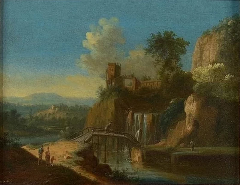 Johann Christian Vollerdt - Paesaggio animato alla cascata